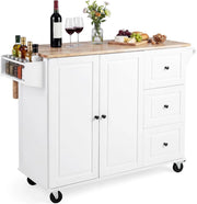 Carrello da Cucina in Legno, Carrello Isola Cucina con Ripiano Ribaltabile, Ruote, 3 Cassetti e Armadietto, Porta Spezie e Asciugamani, 129,5x76x93 cm