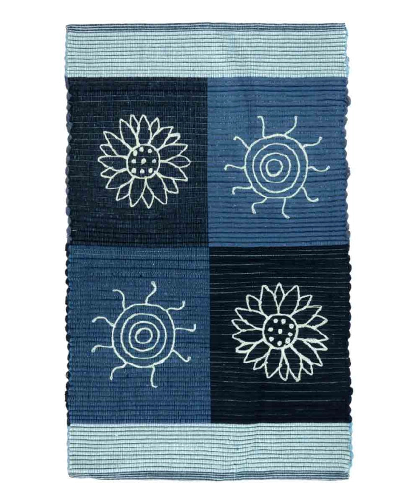 Tappeto SUMMER BLU cm.55x280 disegno sole e fiori 100% cotone, passatoia stuoia cucina multiuso lavabile