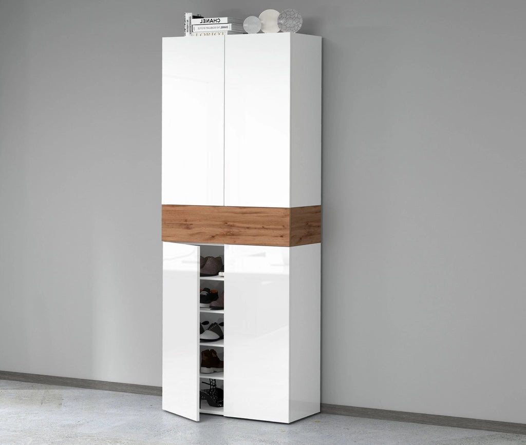 Armadio Scarpiera 4 Ante e 1 Ripiano a Ribalta 76x35x200 cm Savona 4A 1R Bianco Opaco/Rovere Wotan