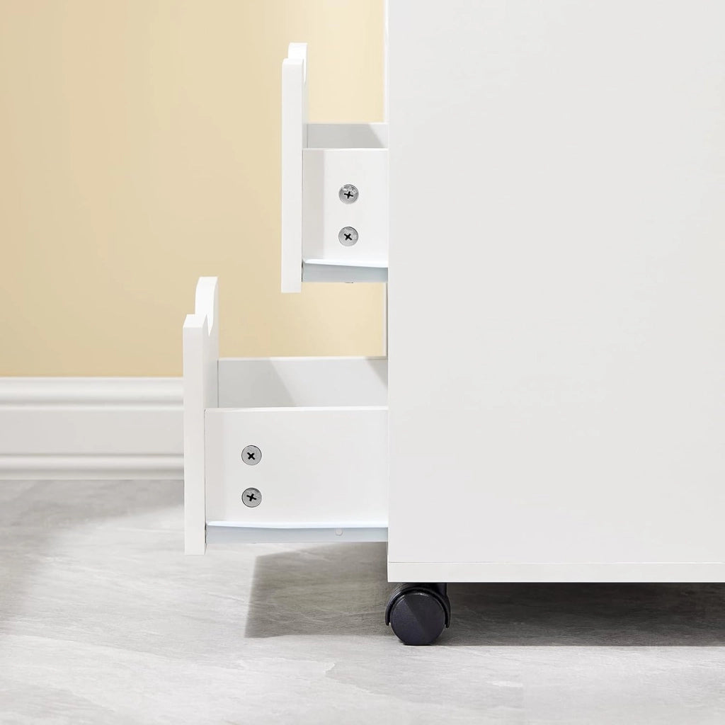Cassettiera da Scrivania Ufficio su Ruote Cassettiera Ufficio con 2 Cassetti, 1 Anta e 1 Ripiano Aperto Carrello Tavolino Comodino Piccolo Comodino Bianco L60xP35xA70cm FBT105-W
