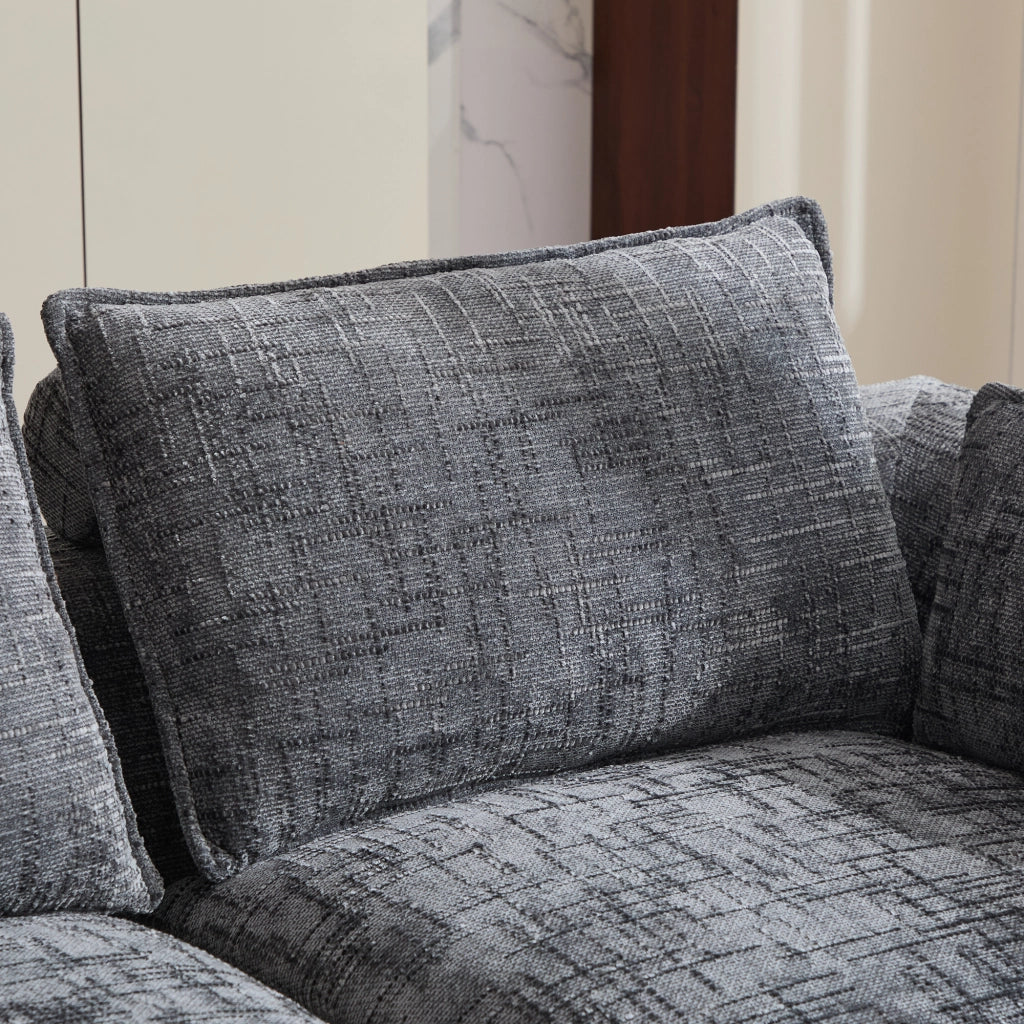 Divano modulare 3 posti in ciniglia grigio con pouf e cuscini; 256x161x75 cm