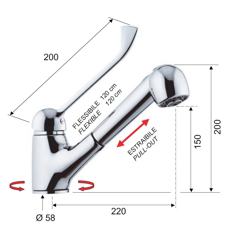 Rubinetto per lavello con leva lunga e doccia estraibile a getto variabile - serie kiss