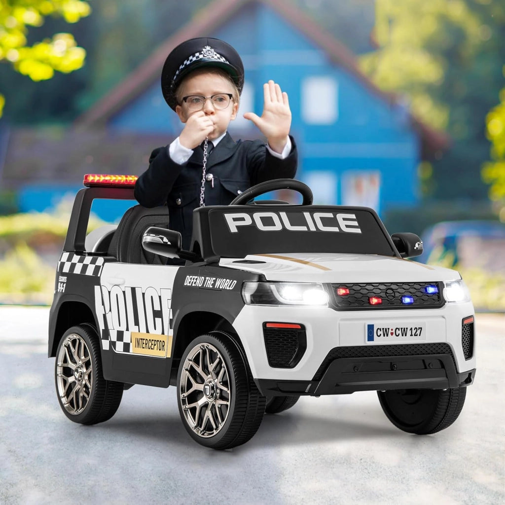 Macchina Elettrica della Polizia per Bambini 12V con Telecomando, Auto Elettrico a Pedale, Veicoli con Sirena, Musica, Fari LED, USB e Radio, 3 km/h, Carico 30 kg, 3-8 Anni (Bianco)
