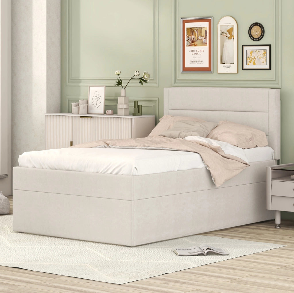 Letto singolo imbottito 90x200 cm con vano contenitore beige