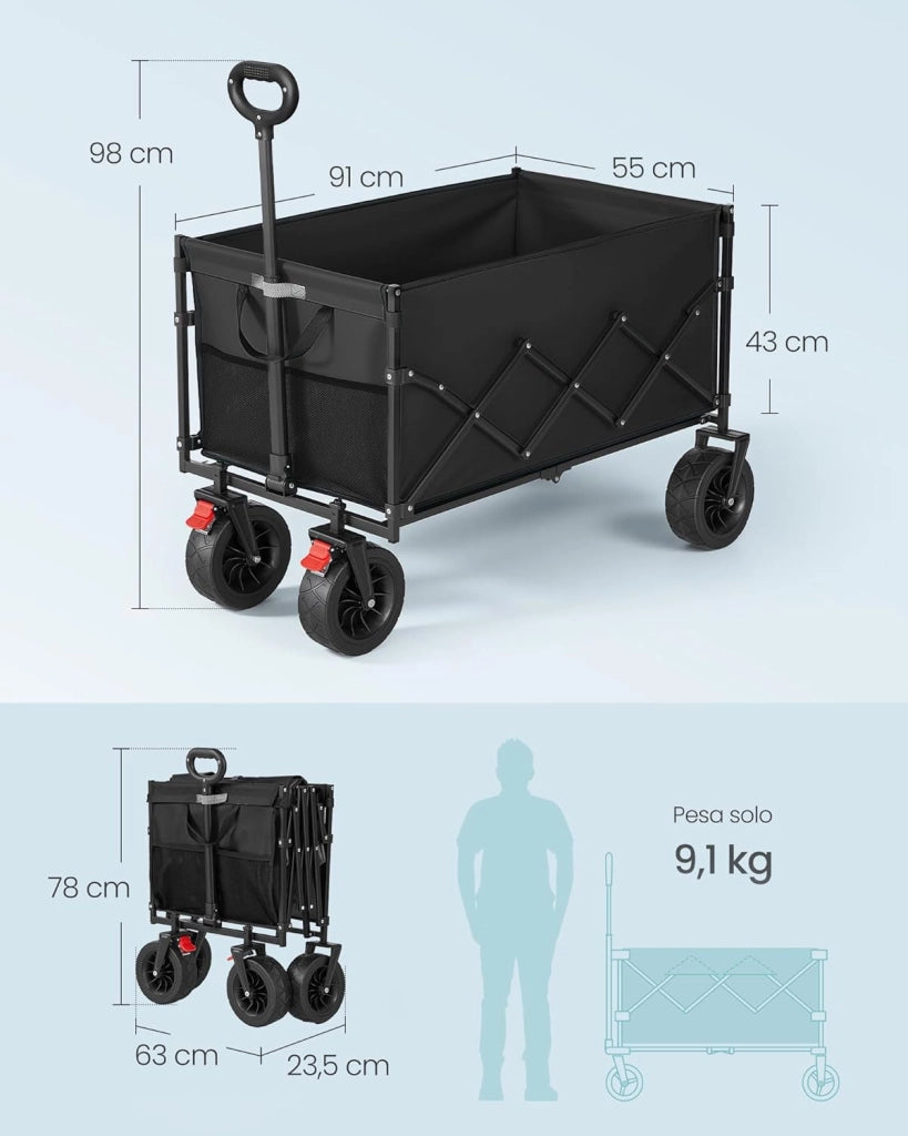 SONGMICS Carrello Pieghevole, Carrello da Giardino, con Manico, 4 Ruote Rinforzate di cui 2 Universali, per Esterni, Giardino, Portante di 180 kg, 200 L, Nero Inchiostro GFW201B101
