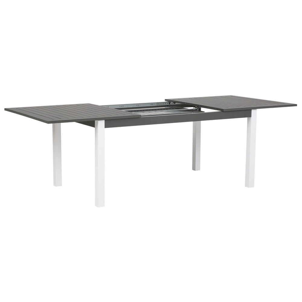 Set da pranzo da giardino in 9 pezzi Tavolo allungabile in alluminio bianco e 8 sedie con cuscini grigi