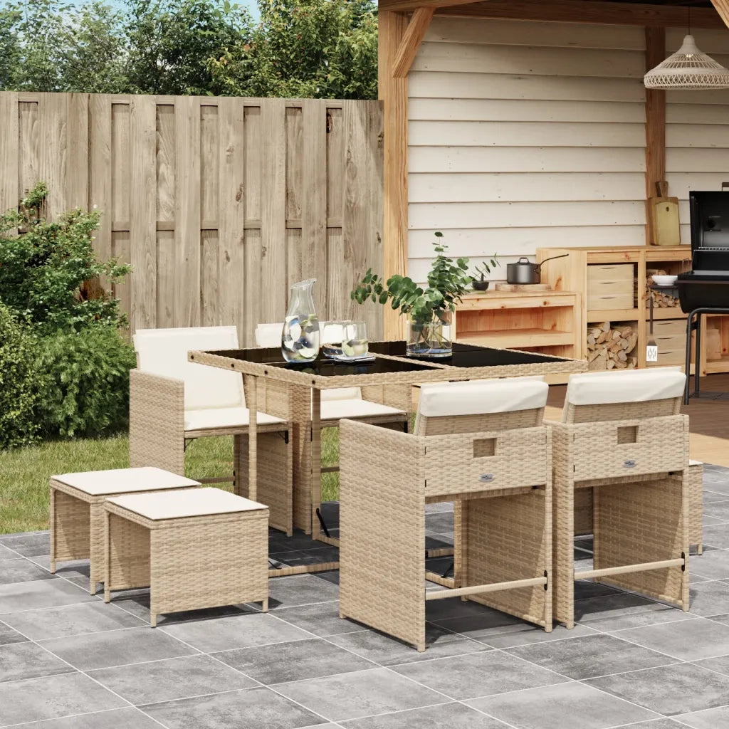 Set da Pranzo da Giardino 9 pz | Set Salotto da Giardino con Cuscini Beige in Polyrattan