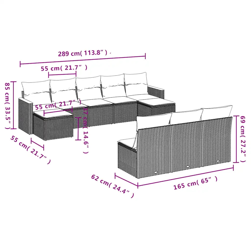 Set Divani da Giardino 10 pz con Cuscini Grigio in Polyrattan 3226390