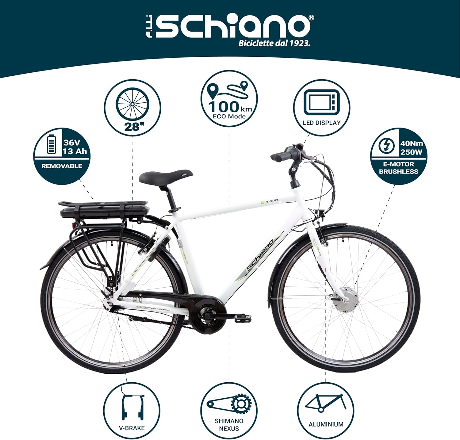 F.LLI SCHIANO E-MOON 28 " bicicletta elettrica per adulti, per uomo, con motore elettrico, a pedalata assistita, cambio