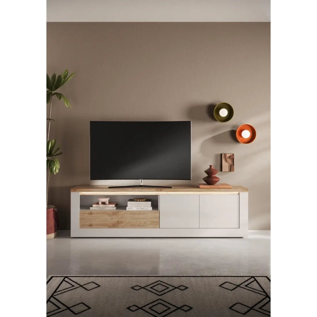 Mobile TV SASHA – 2 ante, 1 cassetto e 1 nicchia aperta con LED – Bianco lucido e rovere Cadiz
