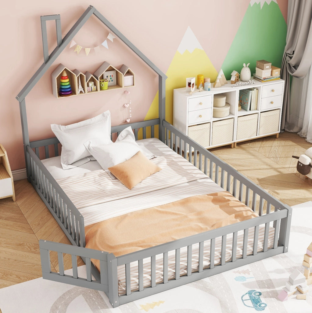 Letto per bambini a camino 140x200 cm grigio con rete