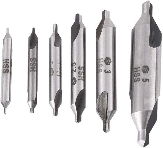 Set di Forbici a Centratura 6 Pezzi - Set di Forbici a Alta Velocità in Acciaio - Diametri 1/1,5/2/2,5/3/5mm - Doppio Fine a 60 Gradi - Per Trattamento su Tornio - Set di Forbici