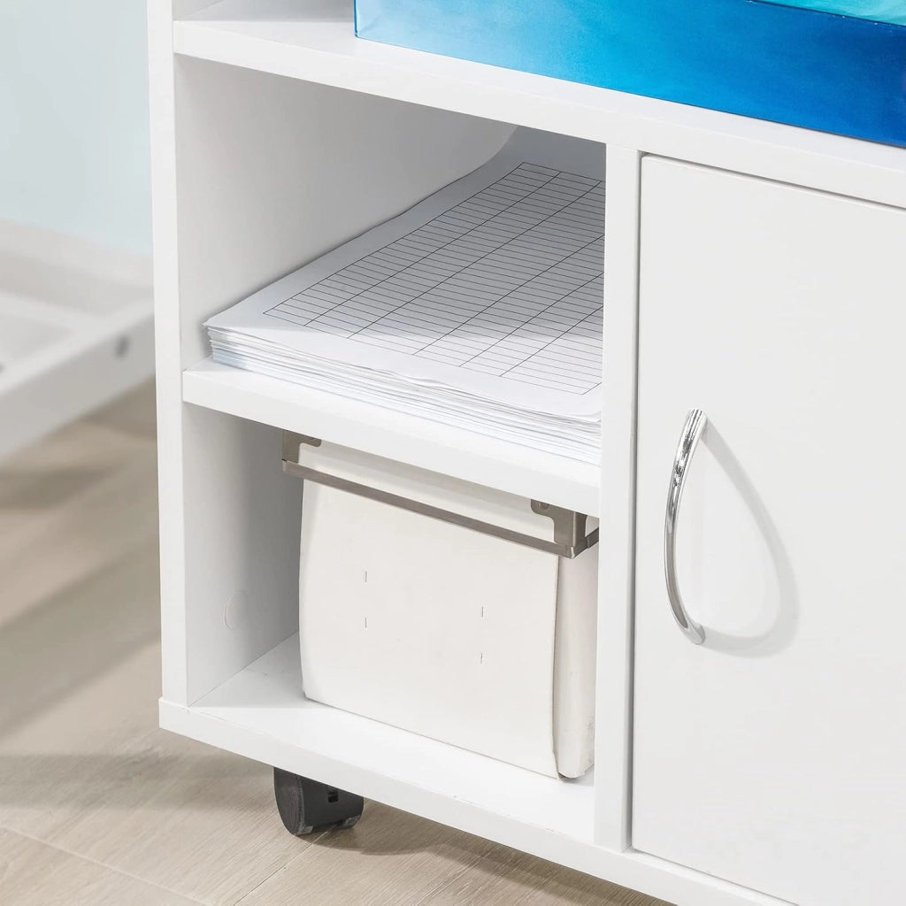 Cassettiera Ufficio Cassettiera Scrivania con Ruote Porta Stampante Schedario da Ufficio con Cassetto, Anta e Ripiani Tavolino Salvaspazio Bianco 50x40x75cm FBT106-W