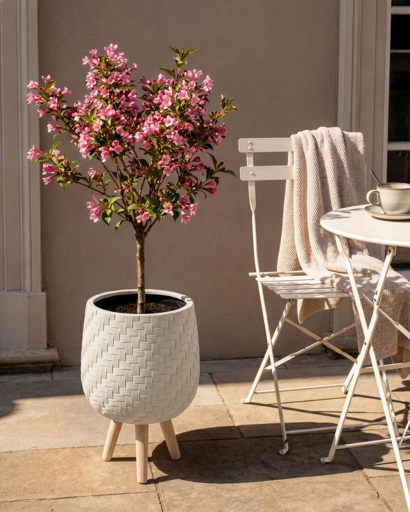 Vaso da fiori rialzato, beige chiaro, con motivo a trama in ossido di magnesio, per interni ed esterni, resistente alle intemperie, 16,5 L