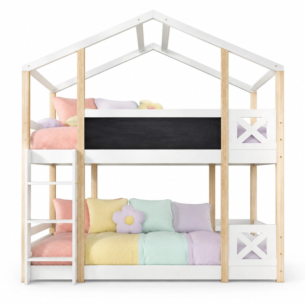 Letto a soppalco per bambini 90x200 cm con scala, 2 reti a doghe, bianco