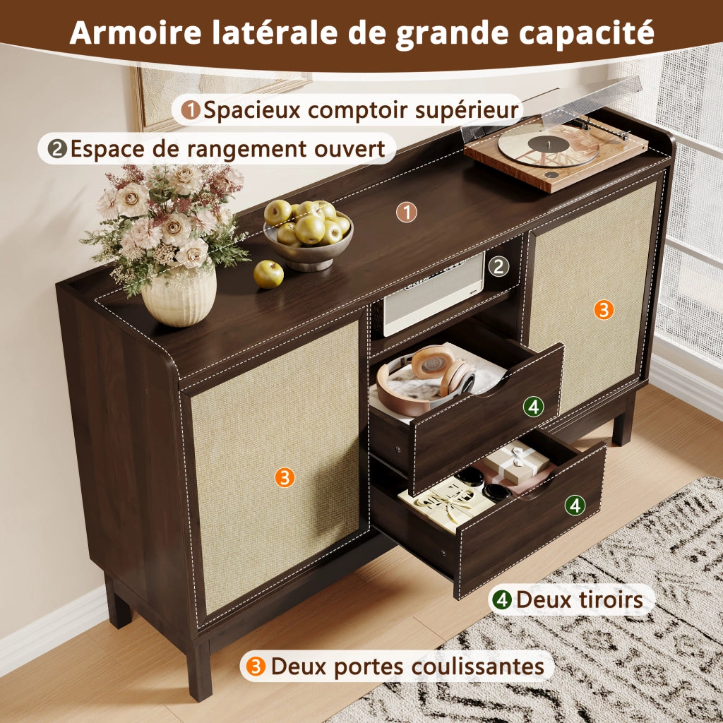 Credenza con Ante Scorrevoli; 2 Cassetti e Ripiani Regolabili; Naturale; 150 x 39.5 x 80 cm