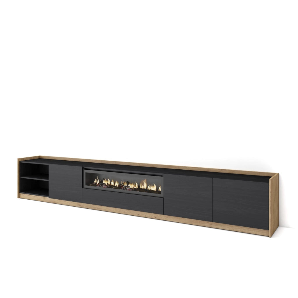 Mobile TV Soggiorno, 310x50x37 cm, Per TV fino a 80", Camino elettrico, Nero e rovere