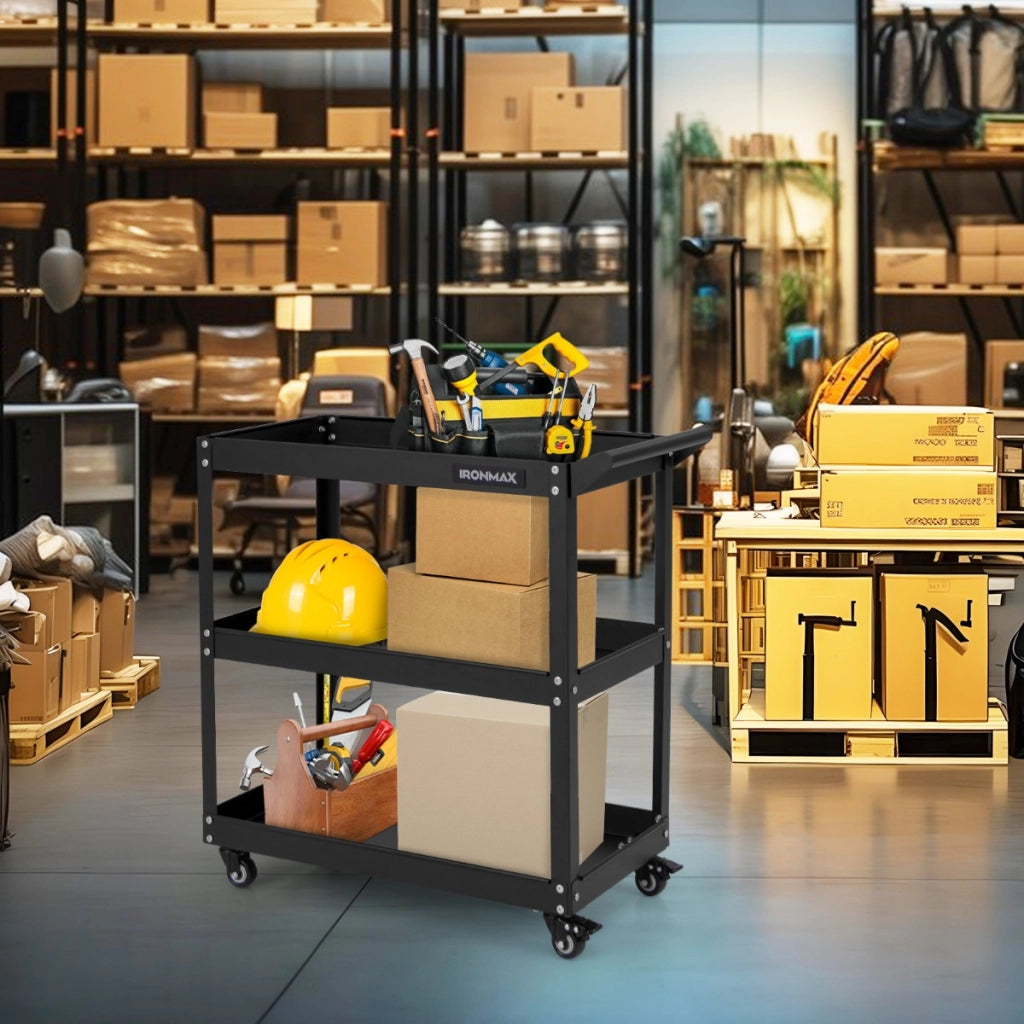 Carrello portautensili a 3 livelli con 4 ruote universali con 2 freni, Carrello metallico resistente per garage Nero-Deposito utensili Tool