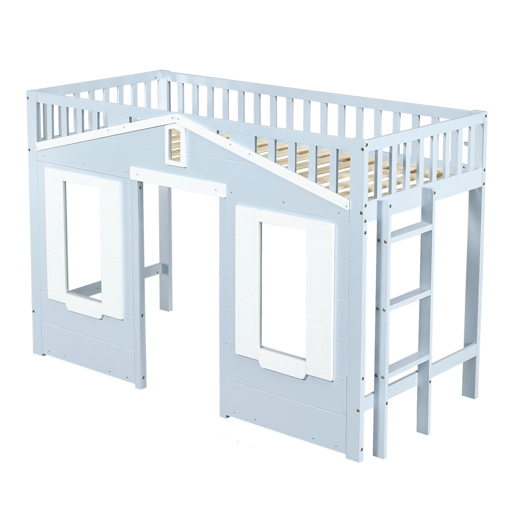 Letto a Soppalco 90 x 200 cm - Scala Reversibile e Finestra - Legno e MDF - Blu