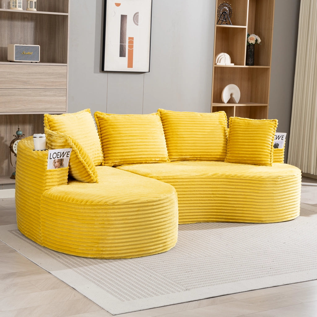 DIVANO ad arco 250x152x82 cm in velluto a coste giallo senape con portabicchieri