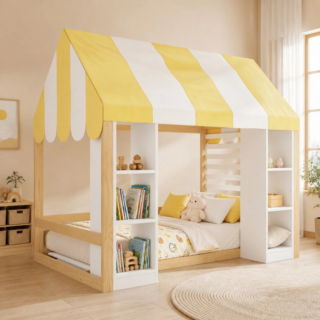 Letto per bambini in stile cottage 90x200 cm con baldacchino e vano contenitore; bianco e naturale