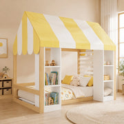 Letto per bambini in stile cottage 90x200 cm con baldacchino e vano contenitore; bianco e naturale