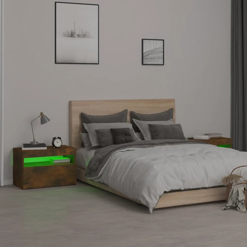 Comodini 2 pz con Luci LED-Set di 2 Tavolino da notte Rovere Fumo 60x35x40 cm