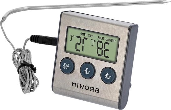 Termometro per carne con sonde in acciaio inossidabile - lunghezza 15 m - temperatura 0-250 °C - termometro per cottura e griglia - timer e allarme impostabile - display elettronico - LCD