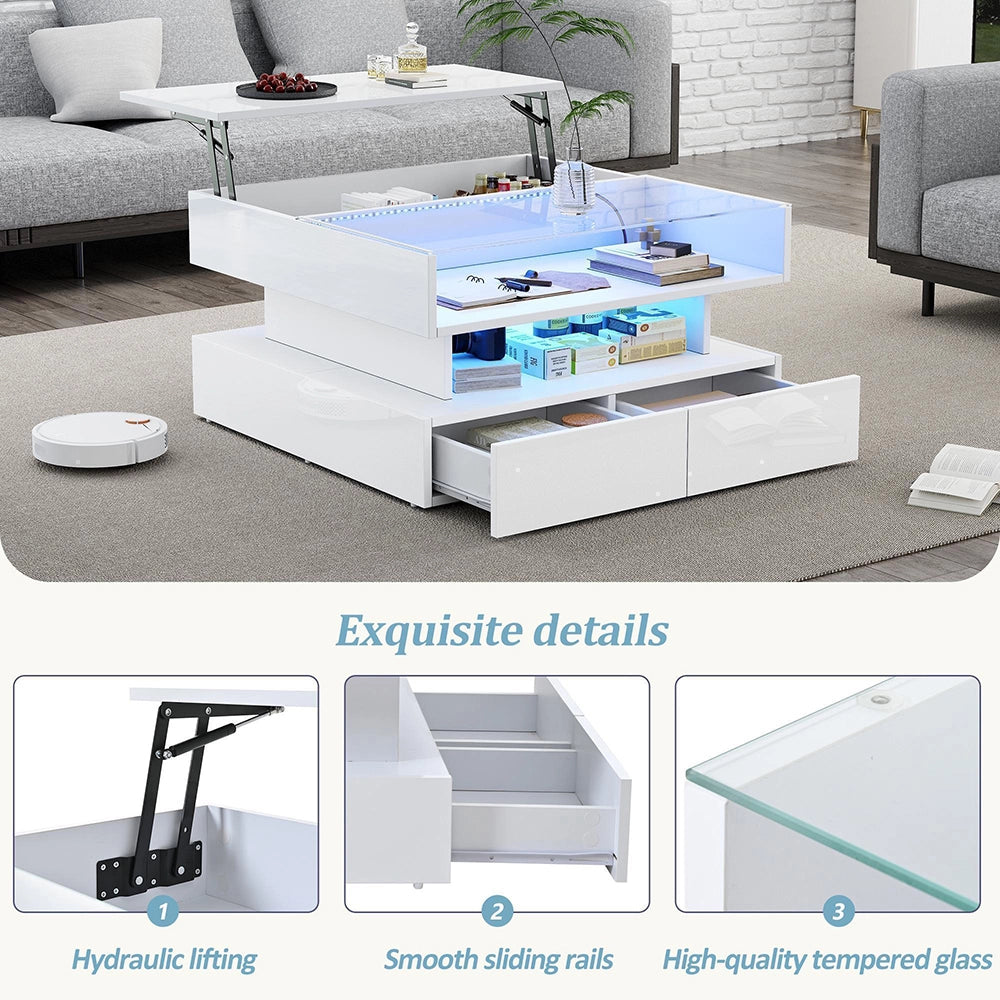 Tavolino regolabile - Xylo - 80x80cm vetro temperato 2 cassetti LED bianco