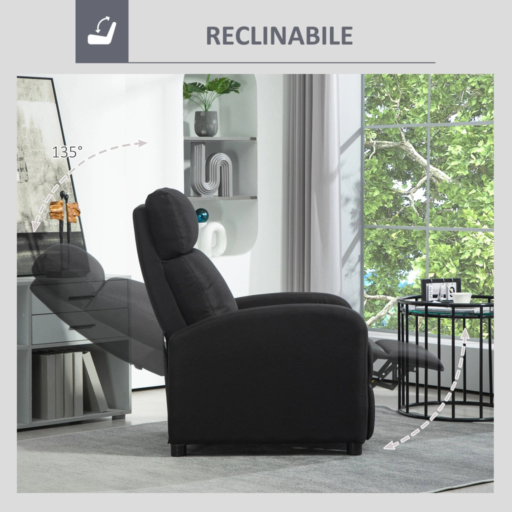 Poltrona Relax Imbottita con Schienale Reclinabile 135¡ã e Poggiapiedi Estraibile in Lino, 69x87x100.5 cm, Nero