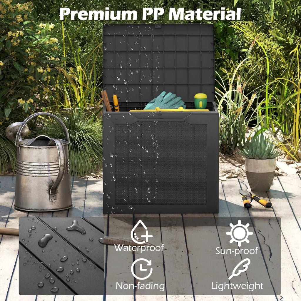 Contenitore da giardino con coperchio bloccabile, 106 l, con vano portaoggetti, per esterni, effetto rattan, per giardino, terrazza e piscina (nero)