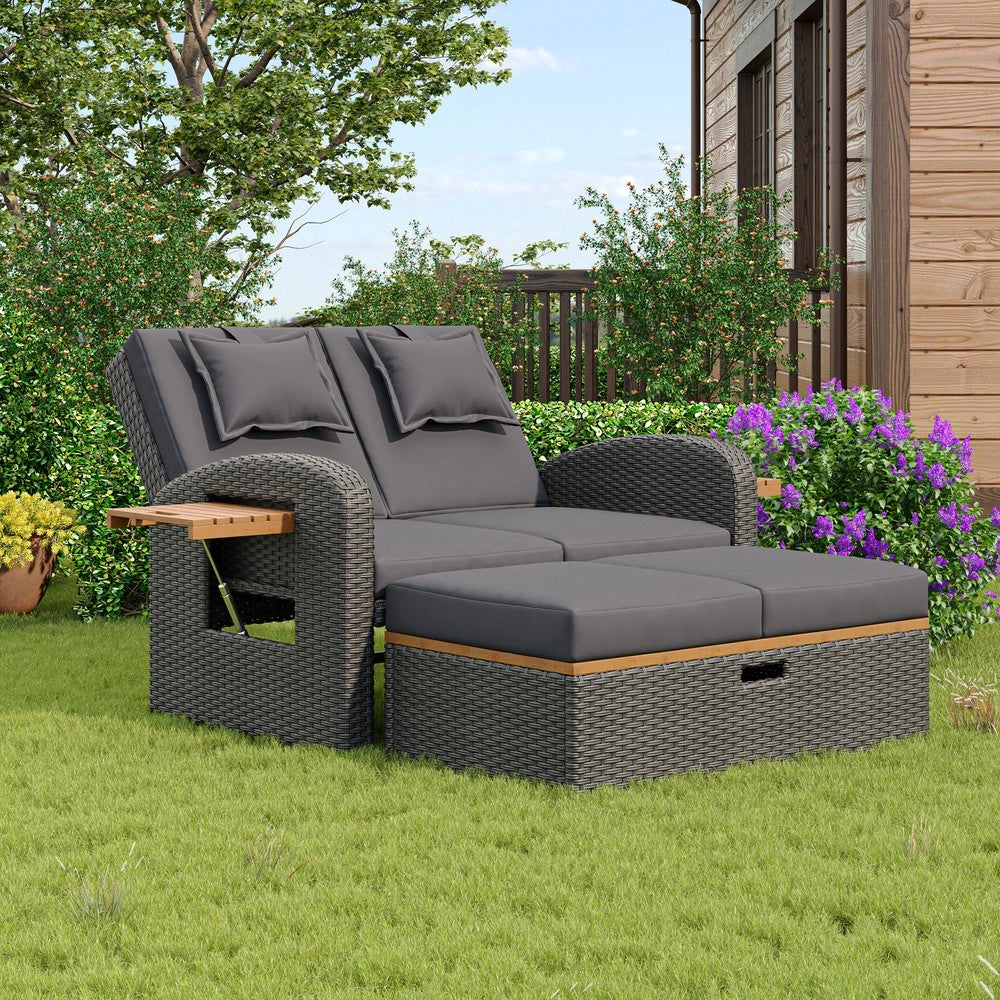 Set da giardino per 2 persone - Zephmum- Rattan grigio, schienale regolabile, con poggiapiedi