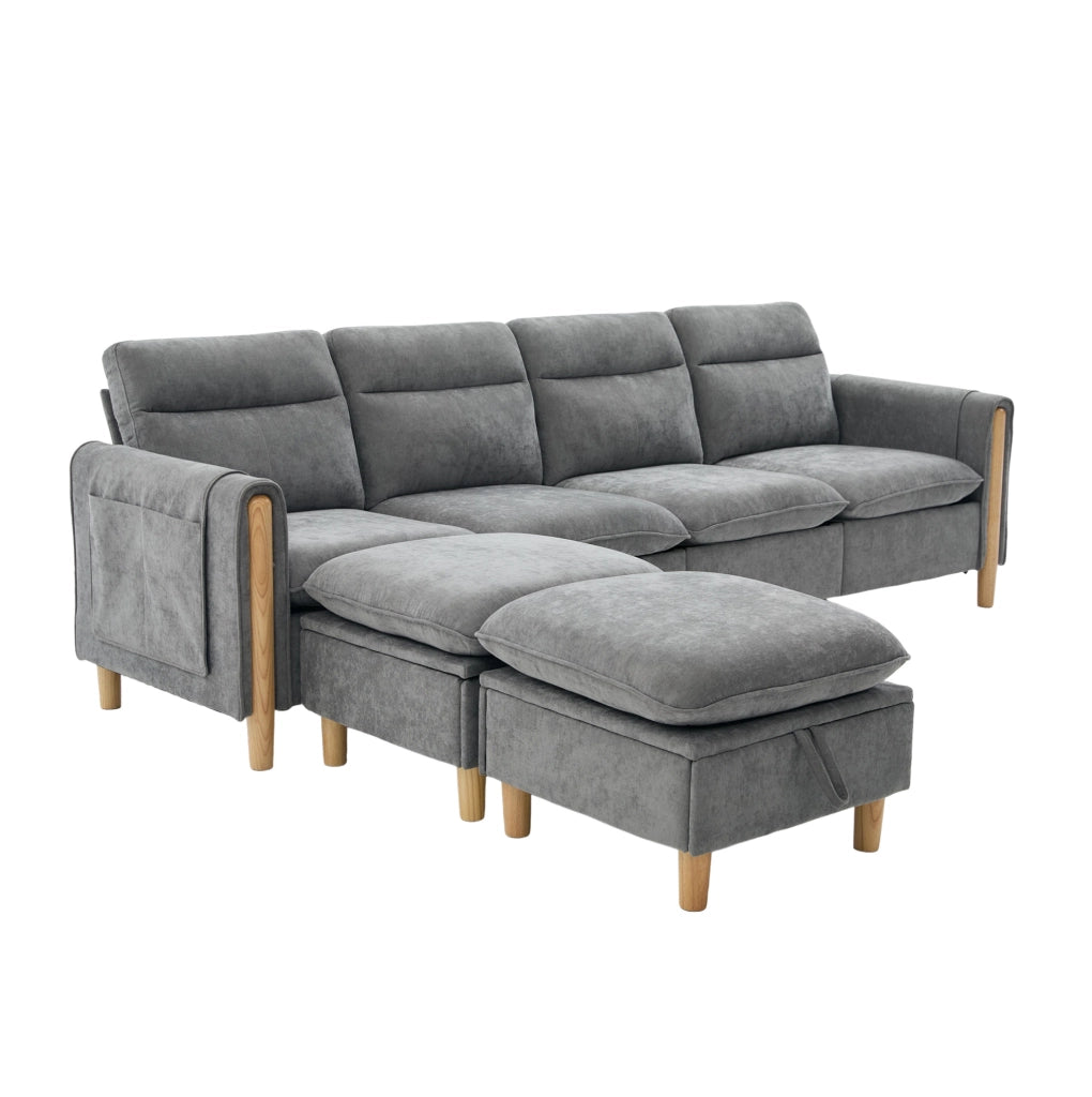 Divano modulare a U 261x77x86 cm in ciniglia grigio chiaro con contenitore –