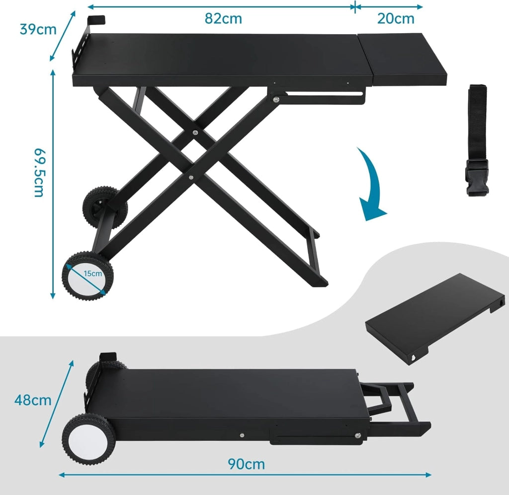 Carrello Barbecue Pieghevole con Ripiano Staccabile, 102x39cm Supporto Portatile con 2 Ruote, Tavolo Stabile per BBQ, per Esterno da Campeggio, Picnic e Giardino, Montaggio Facile, Nero