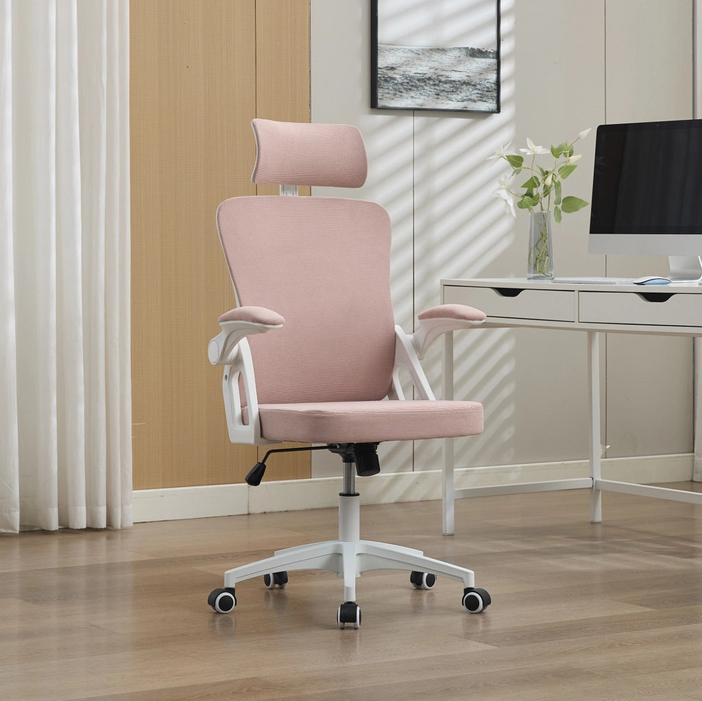 Sedia da ufficio ergonomica rosa con schienale in rete e braccioli regolabili