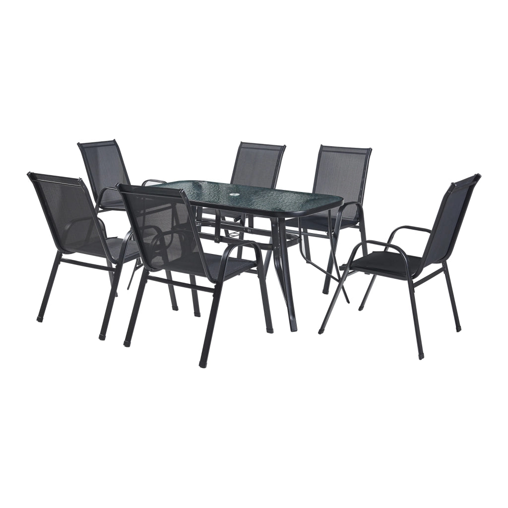 Set di Mobili da Giardino Aradeo Tavolo con Piano in Vetro e 6 Sedie Impilabili - Nero casa.pro