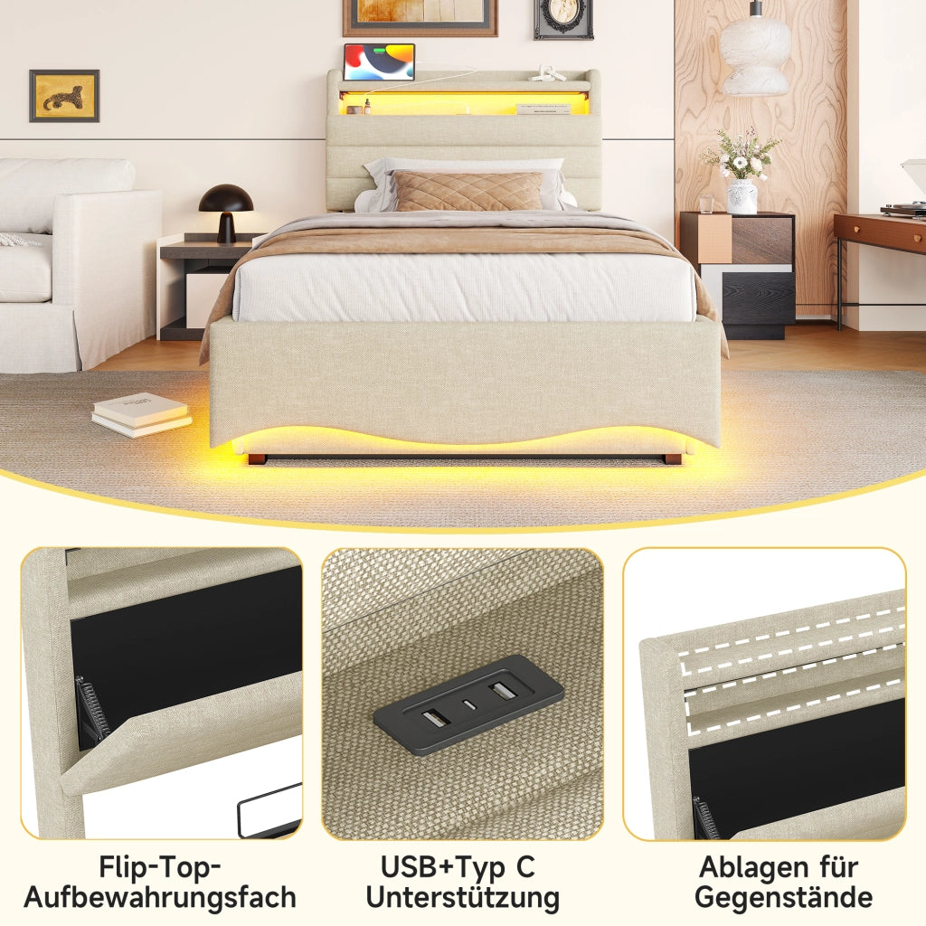 OKWISH Letto Contenitore 90×200 cm, Letto Singolo con LED Regolabile, USB, Tipo C e Mensola, senza Materasso, in Lino, Beige