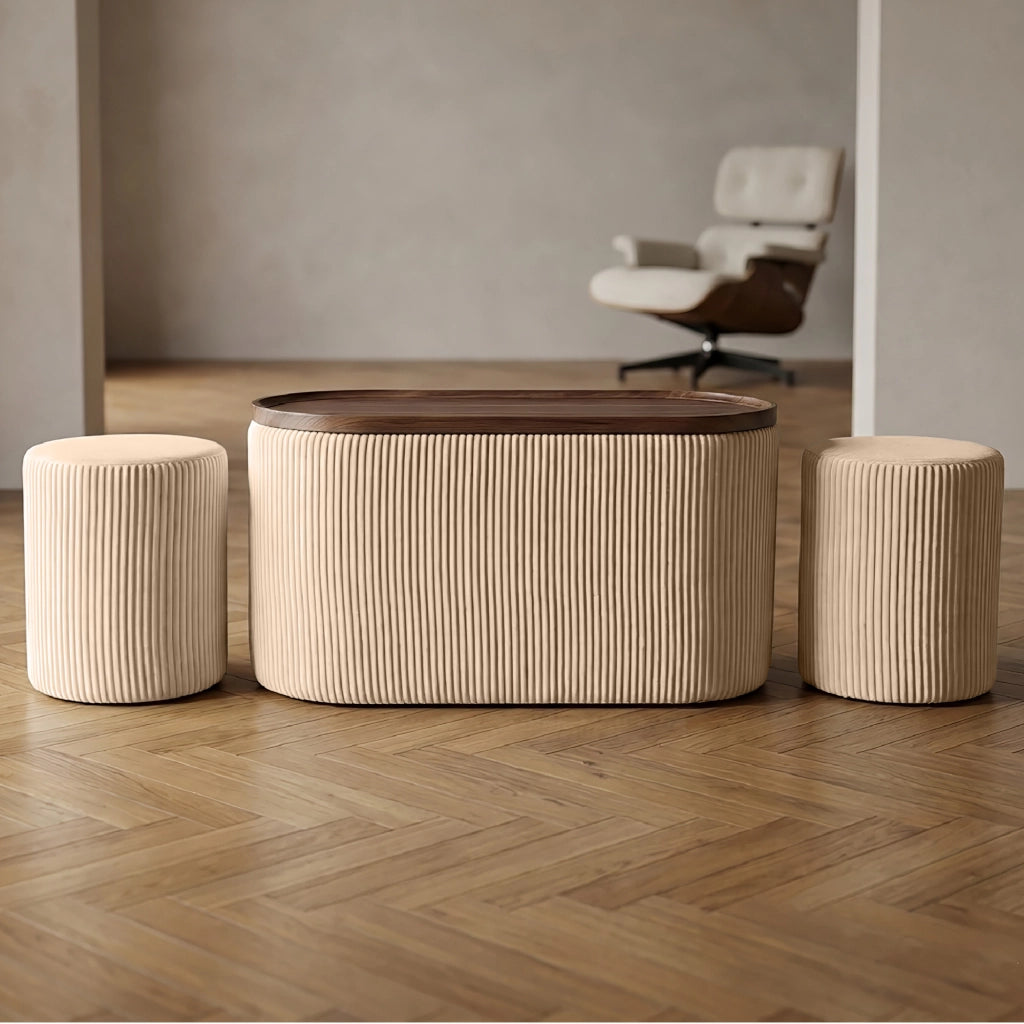 Set 3 Pouf Contenitore con Tavolino da Salotto Ovale in Velluto e Coperchio in Legno, 2 Pouf Interni Salvaspazio, Tavolino Contenitore Moderno, Seduta Imbottita Crema