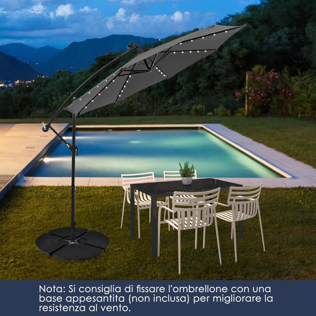 Ombrellone da Giardino 300 cm, 40 Luci LED Solari, Anti-UV, Inclinazione Regolabile, Manovella, 8 Stecche per Esterno Piscina Patio (Grigio)
