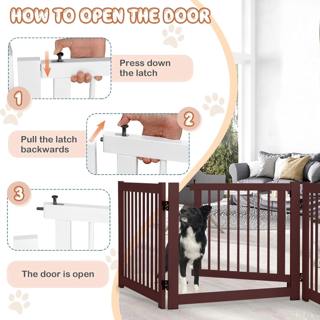 Cancelletto per Cani Pieghevoli 210 x 61 cm, Barriera per Cani in Legno a 3 Pannelli con Porta a Serratura, Recinzione per Scale, Ingressi e Corridoi (Marrone)