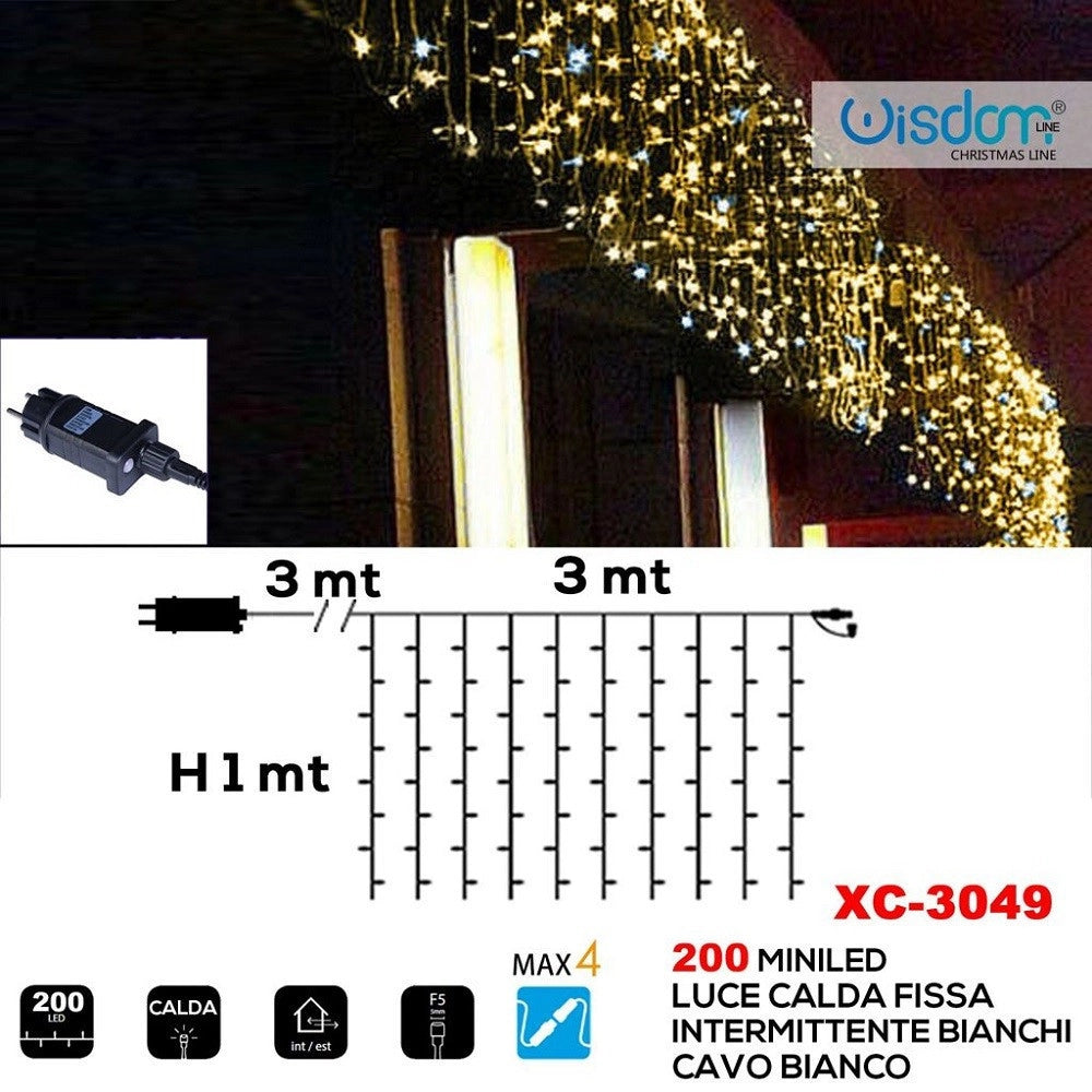 Trade Shop - Tenda Luminosa Natalizia 200 Led Luce Calda Fissa + Bianca Intermittente Xc-3049 -