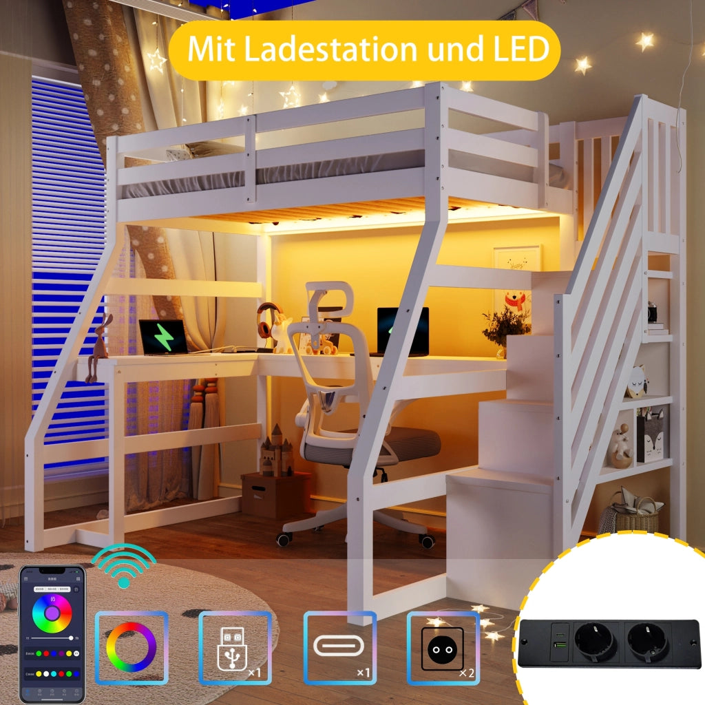 Letto a soppalco 90x200 cm, con scrivania, illuminazione a LED e porta USB, letto per bambini, bianco