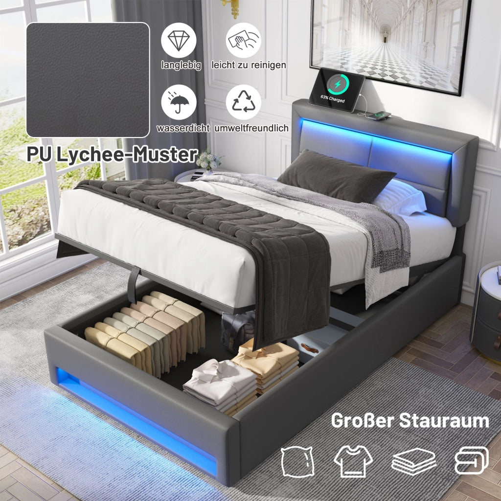 Letto singolo imbottito – 90x200 cm – USB LED contenitore – PU litchi grigio