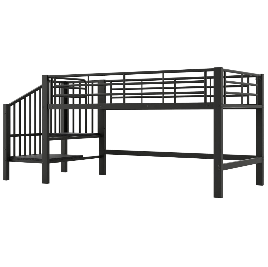 Letto a soppalco 90x200 cm con scala contenitore in metallo e MDF nero