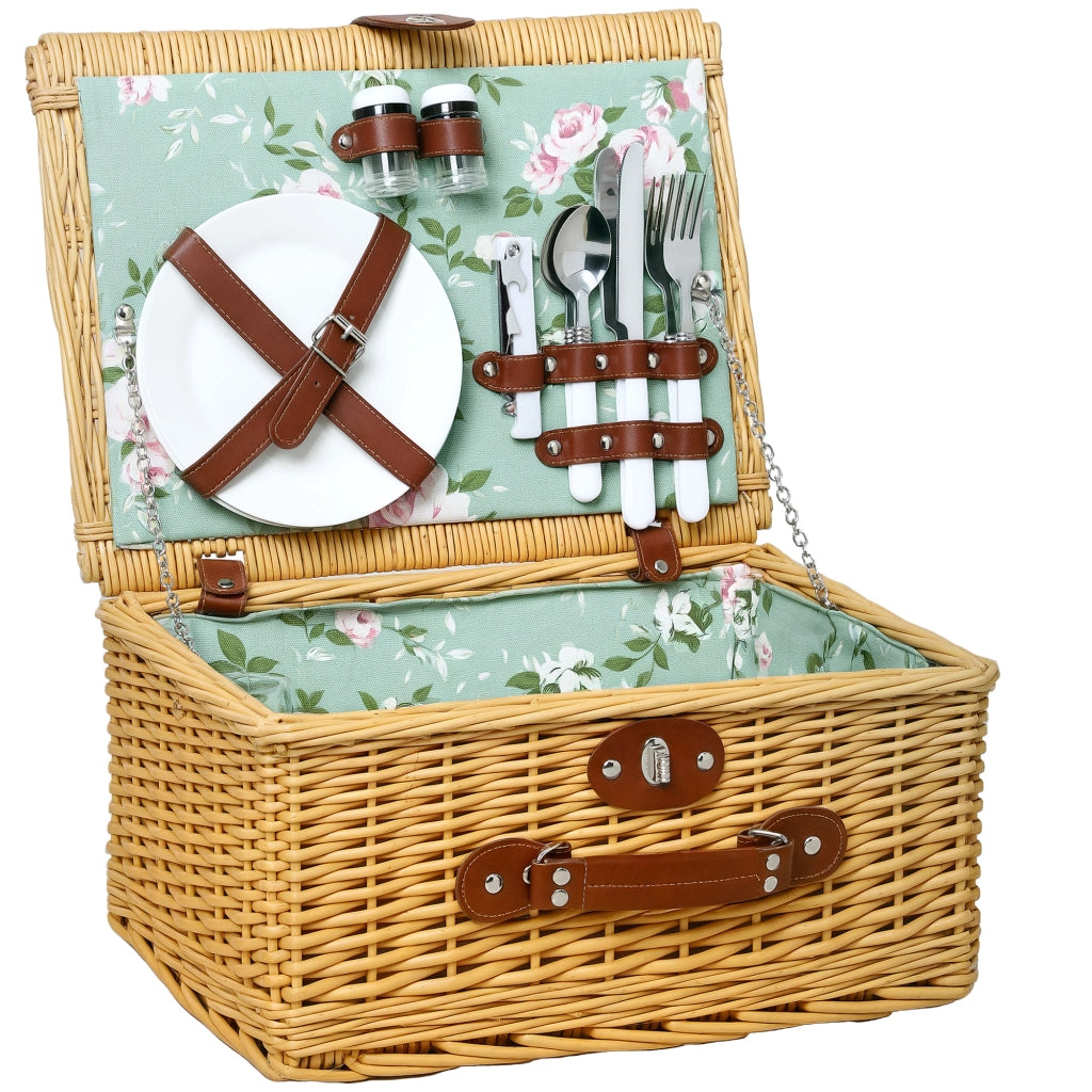 Cestino da Picnic in Vimini per 2 Persone con Piatti, Calici, Cavatappi e Posate, 40x30x20 cm, Marrone