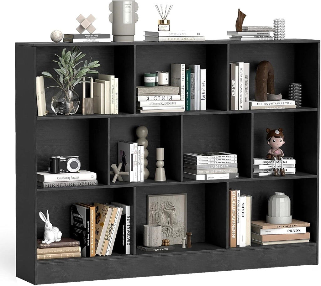 COSTWAT Libreria a 10 Cubi, Organizzatore di Stoccaggio a 3 Ripiani con 2 Kit Anti-Ribaltamento, Scaffale Multiuso in Legno per Soggiorno Camera da Letto Ufficio, 140x24x104 cm (Nero)