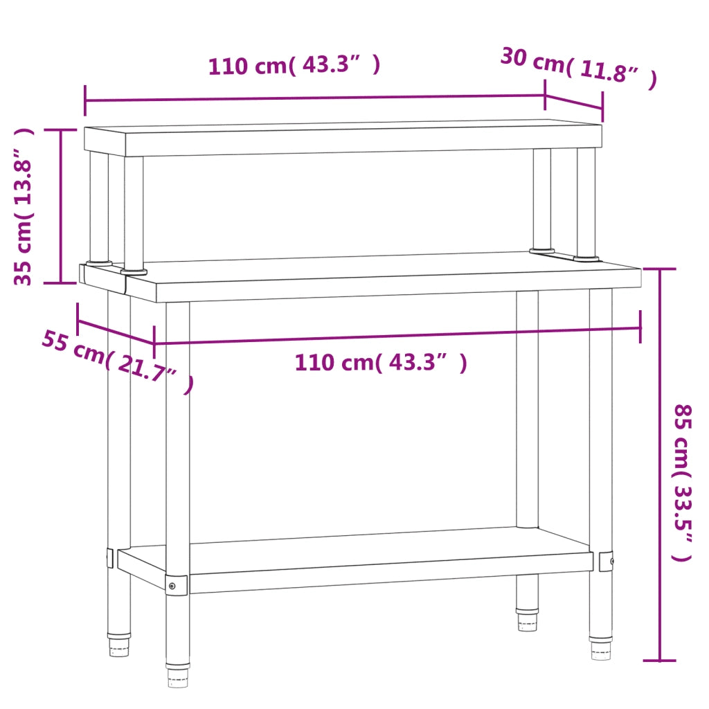 Tavolo Lavoro Cucina con Ripiano 110x55x120 cm Acciaio Inox CFW1070521