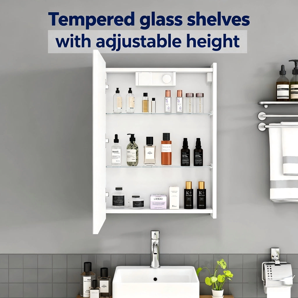 Mobile con specchio da bagno con 1 anta e luci LED laterali; presa francese integrata; da parete; in MDF; bianco