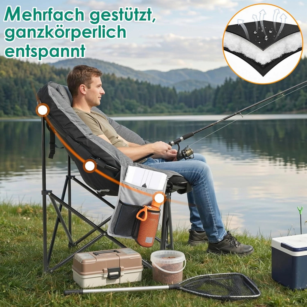Sedia Pieghevole da Campeggio 150KG, Sedia da Campo Portatile, Moonchair imbottita XXL, con Poggiatesta, Tasca Laterale, borsa per il trasporto, per Giardino, Spiaggia, Trekking, Pesca, Grigio