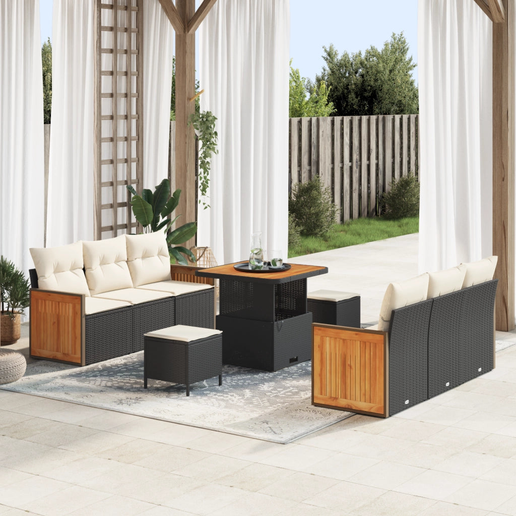 Set di divani da giardino 9 pezzi con cuscini in polirattan nero e acacia